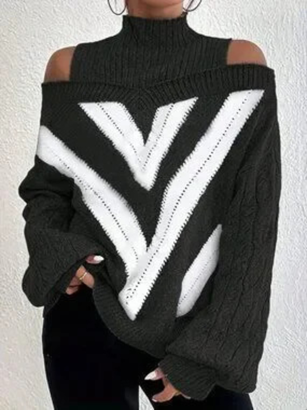 Black Casual Women's Loose Fit Stand Collar Cut Out Cold Shoulder Pullovers - Picture 3 of 9